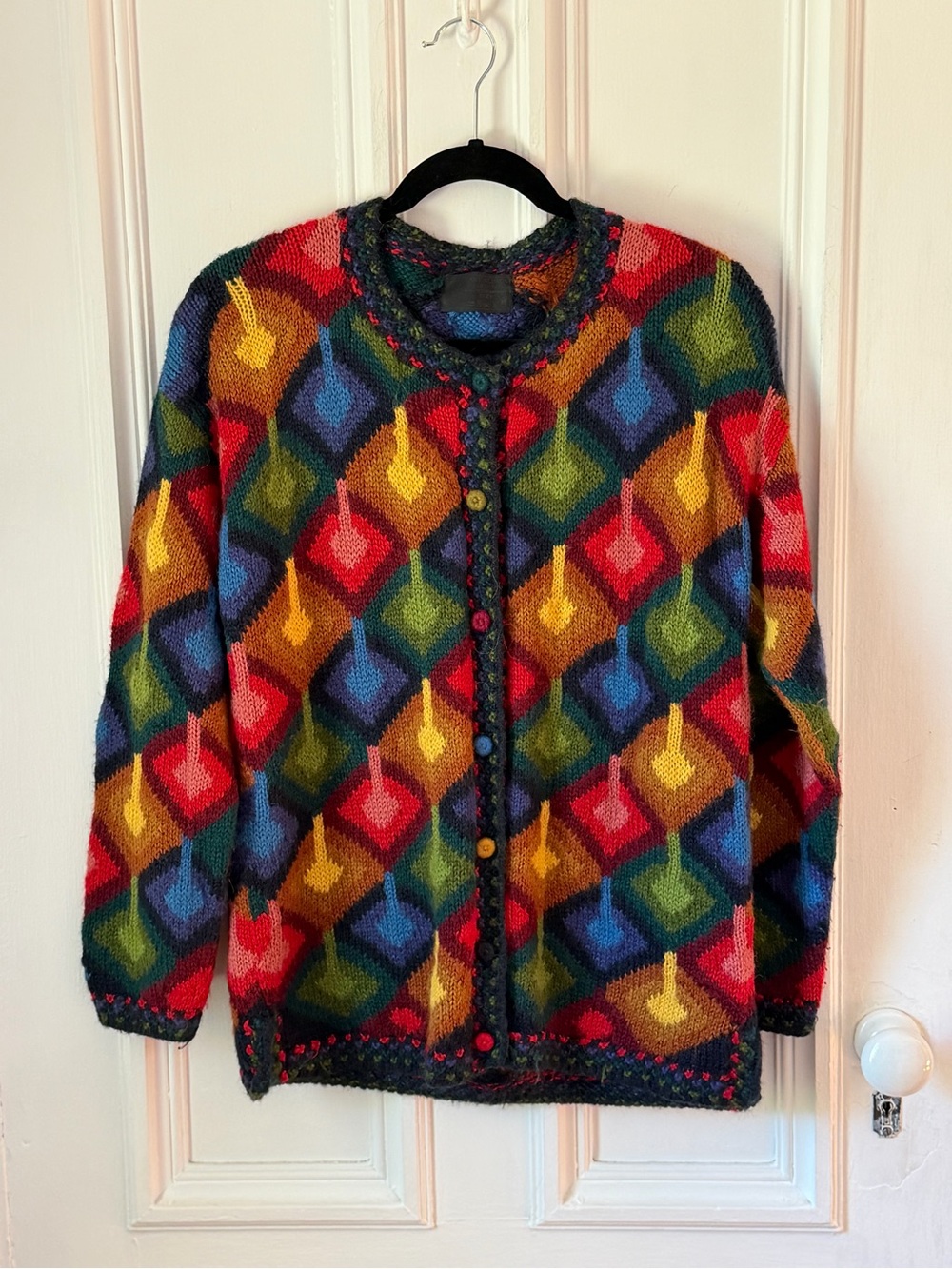 Women’s 100% Baby Alpaca Made in Peru Geometric Knit Pattern Cardigan Size M